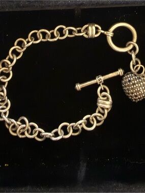 Sterling Toggle Chain Bracelet with Pave Heart Charm Blue Stones - Silver